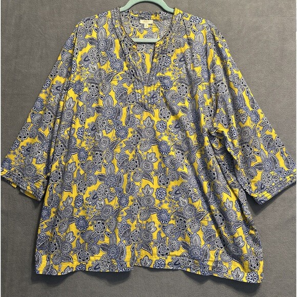 Talbots Paisley Printed Tunic Top Plus Size 3X Yellow Blue Office Career Resort - Picture 1 of 10